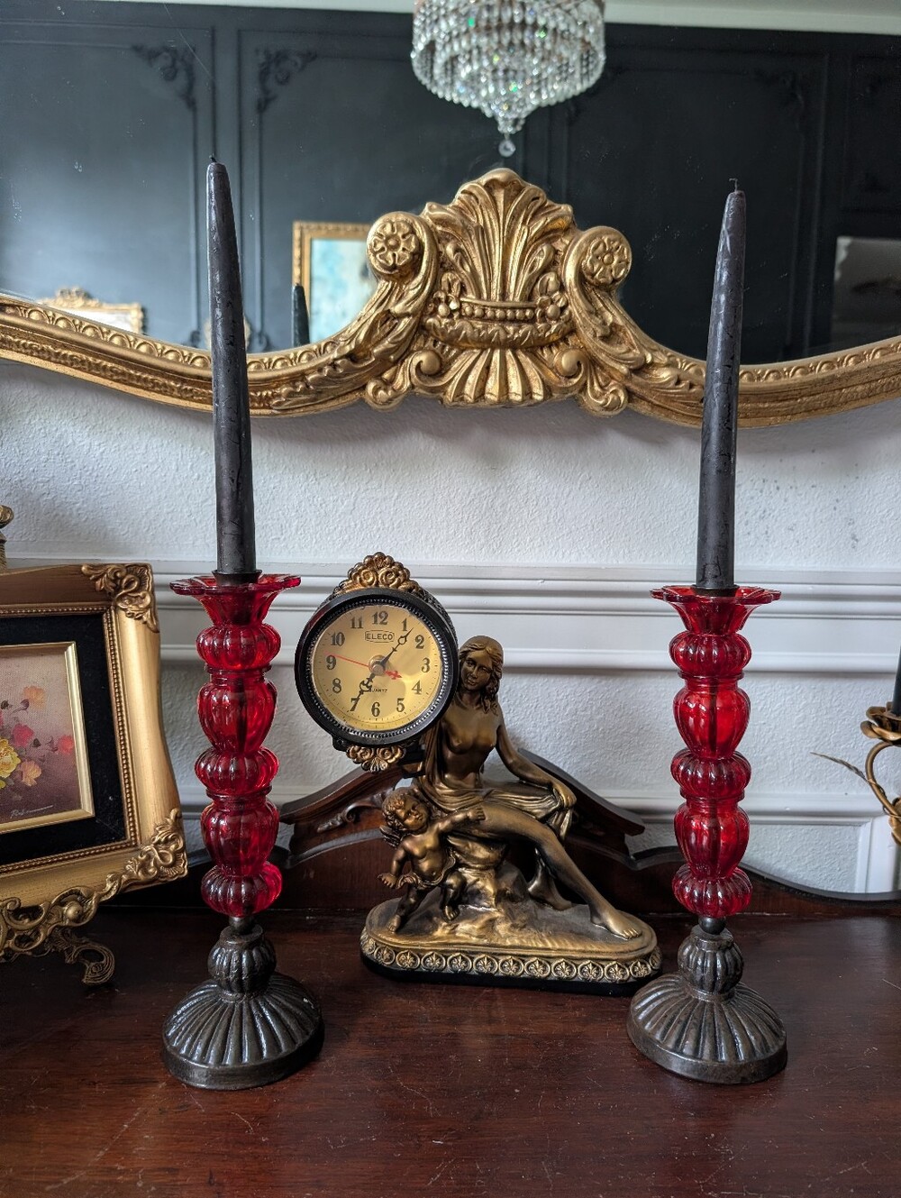 Vintage, set of 2, Ruby Glass Blown floral, cast metal candle holders, 11.5"